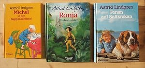 Drei Bücher: 1. Michel in der Suppenschüssel ; 2. Ronja Räubertochter ; 3. Ferien auf Saltkrokan