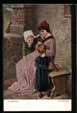 Bild des Verkufers fr Knstler-Ansichtskarte Hermann Kaulbach: Frau liest Kindern ein Mrchen vor zum Verkauf von Bartko-Reher