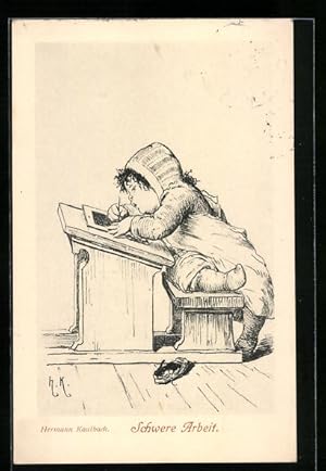 Bild des Verkufers fr Knstler-Ansichtskarte Hermann Kaulbach: Schwere Arbeit, Kind lernt Schreiben zum Verkauf von Bartko-Reher