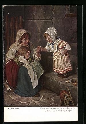 Bild des Verkufers fr Knstler-Ansichtskarte Hermann Kaulbach: Frau mit Kind bei seinem ersten Sprung zum Verkauf von Bartko-Reher