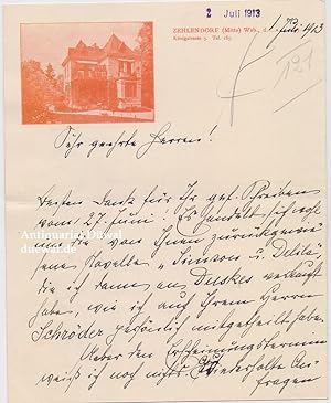 Eigenhändiger Brief m. Unterschrift, Zehlendorf, 1. Juli 1913. 2 S. 8vo. Mit gedrucktem Briefkopf.