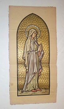 Original gouache with gold leaf for a stained glass window showing a standing female Saint praying.