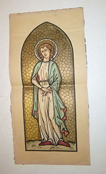 Original gouache with gold leaf for a stained glass window showing a standing unisex Saint with c...