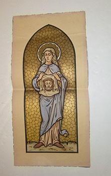 Original gouache with gold leaf for a stained glass window depicting Saint Veronica standing and ...