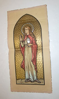 Original gouache with gold leaf for a stained glass window showing a standing female Saint holdin...