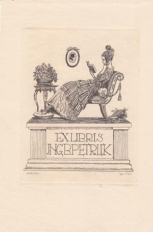 Imagen del vendedor de Ex Libris Ing. B. Peterlik. Sitzend Lesende und Tischchen mit Blumen. a la venta por Antiquariat  Braun