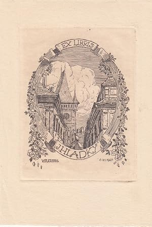 Bild des Verkufers fr Ex Libris J. Hladky. Altstadt im Hochoval, von Rosen umkrnzt. zum Verkauf von Antiquariat  Braun