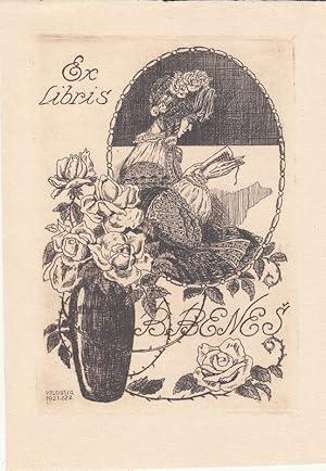 Imagen del vendedor de Ex Libris B. Benes. Lesende in Tracht im Hochoval und Vase mit Rosen. a la venta por Antiquariat  Braun