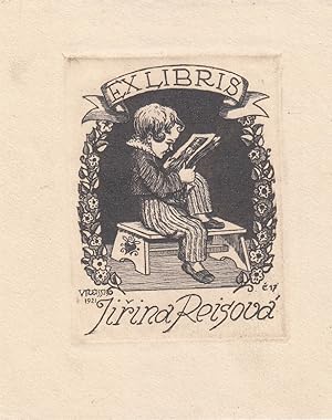 Imagen del vendedor de Ex Libris Jirina Reisova. Auf Schemel sitzend lesendes Kleinkind. a la venta por Antiquariat  Braun