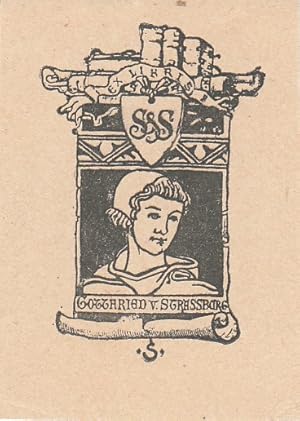 Immagine del venditore per S & S [Fritz Schlesier, Straburg]. Bste des Gottfried von Strassburg, darber alte Bcher und Schriftband mit "Ex Libris". venduto da Antiquariat  Braun