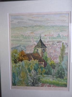 Seller image for Michaelskirche in Stuttgart-Wangen. Original-Aquarell - Bezeichnung "Wangener Kirche Jul. Vhringer". for sale by Antiquariat Heinzelmnnchen