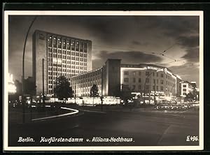 Bild des Verkufers fr Ansichtskarte Berlin, Kurfrstendamm und Allianz-Hochhaus bei Nacht zum Verkauf von Bartko-Reher