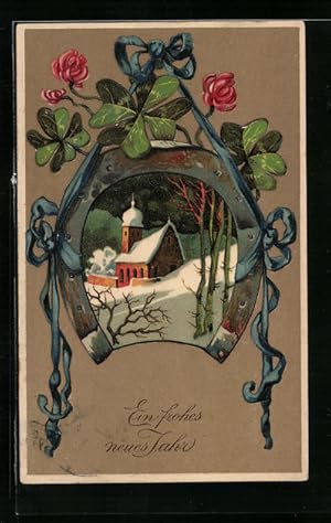 Bild des Verkufers fr Ansichtskarte Ein frohes neues Jahr, Verschneite Landschaft mit Kleeblttern und Hufeisen zum Verkauf von Bartko-Reher