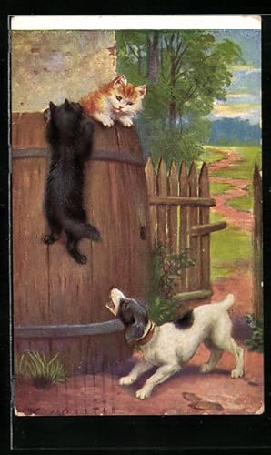 Bild des Verkufers fr Ansichtskarte Hund scheucht kleine Katzen auf ein Fass zum Verkauf von Bartko-Reher