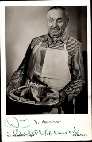 Bild des Verkufers fr Ansichtskarte / Postkarte Schauspieler Paul Westermeier, Portrait mit Wurstplatte, Die verschwundene Miniatur, Autogramm zum Verkauf von akpool GmbH