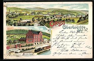 Lithographie Oberbrügge i. W., Hotel, Restaurant Süderland, Panorama mit Eisenbahn