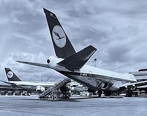 1980s Glossy Black and White Photo of a Lufthansa Boeing 747-30 In-Flight