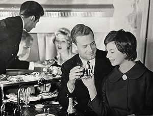 1960s Glossy Black and White Photo of Lufthansa First Class Passengers Enjoying a Cocktail in a L...