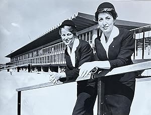 1960s Glossy Black and White Photo of Two Lufthansa Flight Attendants
