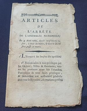 Abolition des privilèges du 4 Aout 1789 - Articles de l'arrété de l'Assemblée Nationale du 4 Aout...