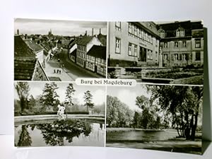 Bild des Verkufers fr Burg bei Magdeburg. Alte Ansichtskarte s/w, gel.1970. 4 Ansichten in und um den Ort. zum Verkauf von ABC Versand e.K.