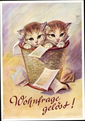 Künstler Ansichtskarte / Postkarte Oho, Wohnfrage gelöst!, Babykatzen im Korb