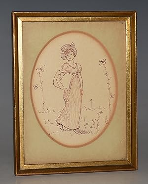 Original Antique Kate Greenaway Coloured Ink Drawing Painting Children drawing is initialed KG