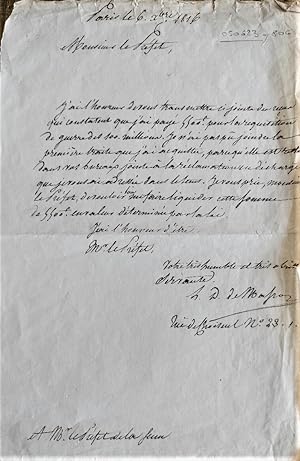 Bild des Verkufers fr Lettre manuscrite signe Charlotte Lejeune Duchesse de MASSA, Adresse Adresse au Prfet de la Seine. 1816. zum Verkauf von JOIE DE LIRE