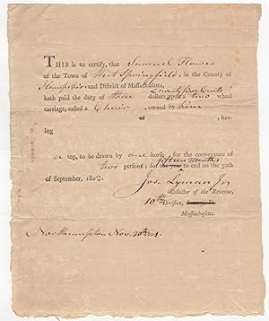 [Printed Document Completed in Manuscript] Duties Collected for a Wheel Carriage in West Springfi...