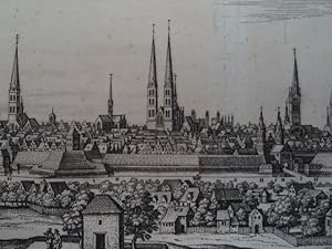 Lubecca. Lübeck. Kupferstich von Merian, um 1650. 19,5 x 37 cm.