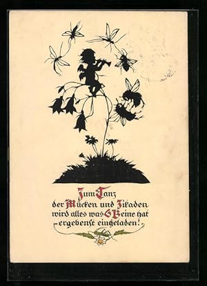 Seller image for Knstler-Ansichtskarte Georg Plischke: Schattenbild, Englein mit Flte und Insekten for sale by Bartko-Reher