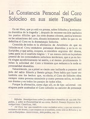 Image du vendeur pour LA CONSTANCIA PERSONAL DEL CORO SOFOCLEO EN SUS SIETE TRAGEDIAS (EXTRAIDO ORIGINAL DEL AO 1956, ESTUDIO COMPLETO, TEXTO INTEGRO) mis en vente par Libreria 7 Soles