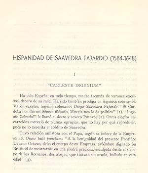 Image du vendeur pour HISPANIDAD DE SAAVEDRA FAJARDO (1584-1648) (EXTRAIDO ORIGINAL DEL AO 1944, ESTUDIO COMPLETO TEXTO INTEGRO) mis en vente par Libreria 7 Soles