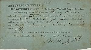 REPUBLIC OF TEXAS, SAN AUGUSTINE COUNTY, SUMMONS TO HENRY RUSSELL TO APPEAR IN COUNTY COURT, date...