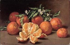 Künstler Ansichtskarte / Postkarte Orangen, Apfelsinen, Obst, Stillleben