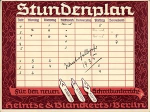 Stundenplan Heintze und Blanckerts Federn Berlin, Schreibfedern für Schreibunterricht um 1935