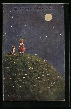 Bild des Verkufers fr Knstler-Ansichtskarte Ad. Hoffmann: Guter Mond Du gehst so stille, Mdchen mit Hund auf einer Bergwiese den Mond anschauend zum Verkauf von Bartko-Reher