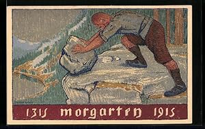 Künstler-Ansichtskarte Morgarten, 600. Anniversaire de Morgarten 1315-1915, Schweizer mit Stein a...