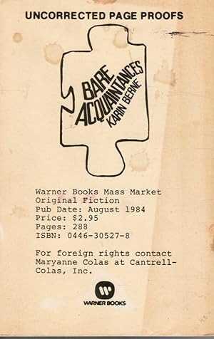 Imagen del vendedor de Bare Acquaintances (Uncorrected Page Proofs) a la venta por Bookshop Baltimore