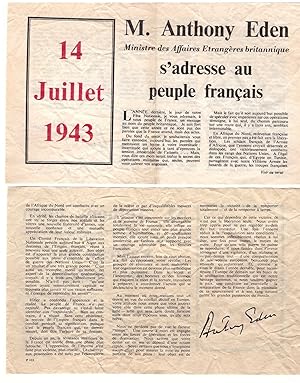 Tract de M. Antony Eden ministre des affaires étrangères britannique - 14 juillet 1943.