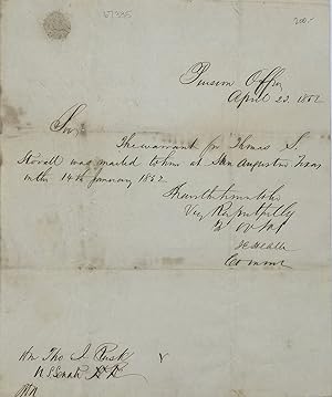 NOTING THAT THE WARRANT FOR THOMAS S. STOVALL WAS MAILED TO HIM IN JANUARY 1852, IN A BRIEF NOTE,...