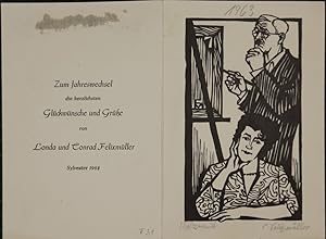 1963 Neujahrsgruss für 1963. (Selbst mit Frau an der Staffelei). Holzschnitt. Im Stock monogrammi...