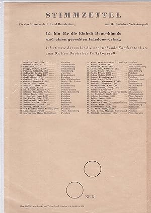 Originaler Stimmzettel für die Einheit Deutschlands für den Stimmkreis I Land Brandenburg