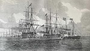 Bild des Verkufers fr Spithead Review: The British Fleet Forming Line Abreast. Drawn by E. Weedon. An original woodcut engraving, with accompanying text overleaf, from the Illustrated London News, 1853. zum Verkauf von Cosmo Books