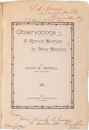 Bild des Verkufers fr OBSERVATIONS OF A RANCH WOMAN IN NEW MEXICO zum Verkauf von William Reese Company - Americana