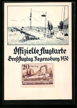 Künstler-Ansichtskarte Regensburg, Offizielle Flugkarte Grossflugtag 1930, Flugzeug vor dem Rollfeld