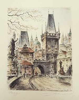 Prag. Teilansicht von der Karlsbrücke aus. Kolorierte Radierung von Friedrich Görtitz.