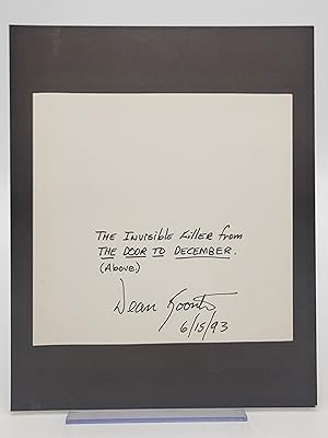 Bild des Verkufers fr Dean Koontz autograph on a 6.5x6.75 inch card with a "picture" of the Invisible Killer from The Door to December. zum Verkauf von Zephyr Books