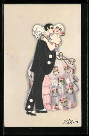 Seller image for Ansichtskarte Kavalier beim Tanz mit Dame im Reifrock mit Blumenmuster, Art Deco for sale by Bartko-Reher