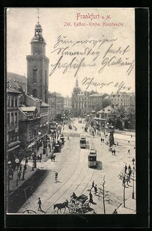 Bild des Verkufers fr Ansichtskarte Frankfurt a. M., Zeil, Kathar.-Kirche, Hauptwache, Strassenbahnen zum Verkauf von Bartko-Reher